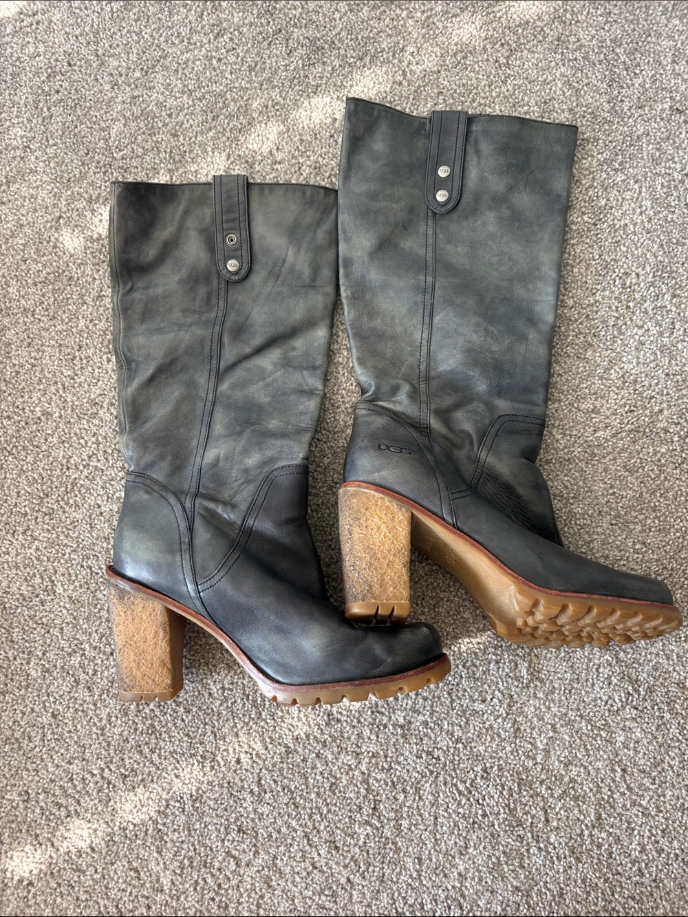 UGG Black Leather Tall Block-Heel Boots